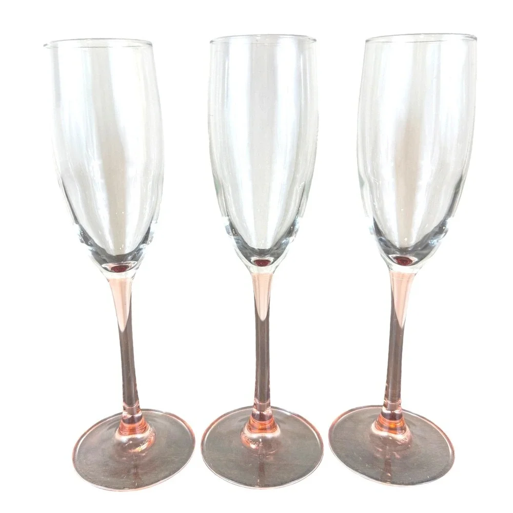 VTG 1980s Set of THREE Luminarc France Pink Stem Champagne‎ Flutes 9